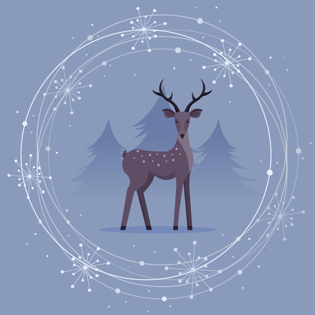 Christmas Card with Deer and Snowflakes. Flat Design Style.のイラスト素材
