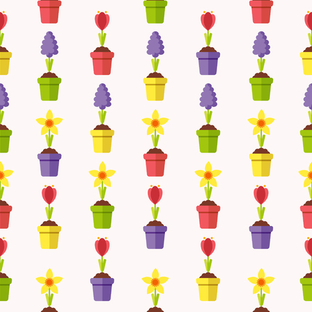 Seamless Pattern with Spring Flowers in Flowerpots. Flat Design Style.のイラスト素材