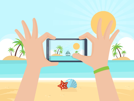Tourist Taking Picture on Summer Vacation with his Smartphone. Flat Design Style.のイラスト素材