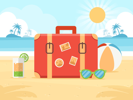 Summer Vacation Concept. Travel Bag, Cocktail, Sunglasses and Beach Ball on a Beach.のイラスト素材