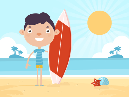 Smiling Boy on Summer Vacation with Surfboard Standing on a Sunny Beach.のイラスト素材