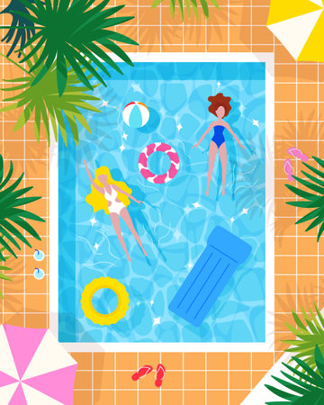 Swimming pool top view background. Girls swimming, rubber ring and raft floating on water. Vector illustration flat design style. Pool party.のイラスト素材