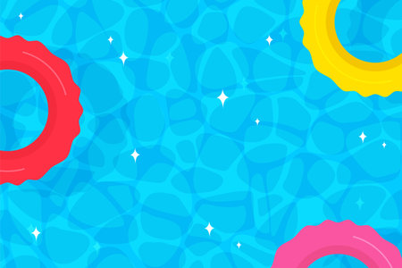 Swimming pool background design with blue water and inflatable swimming rings. Summer background vector stock illustration.のイラスト素材