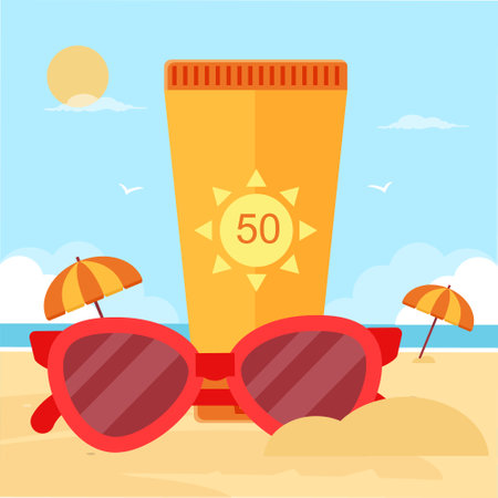 Sunscreen tube and sunglasses on a sand beach. Vector stock illustration.のイラスト素材