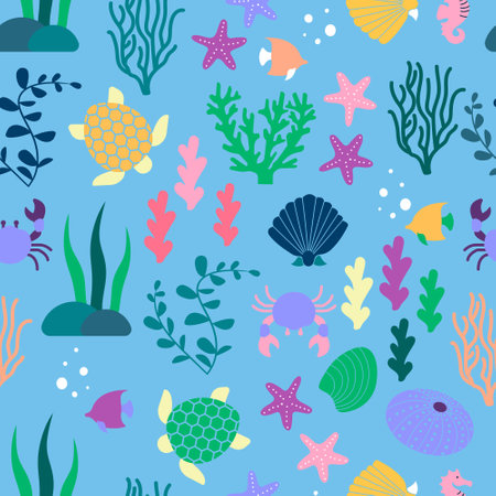 Seamless sea pattern with colorful corals, seashells and star fishes.のイラスト素材