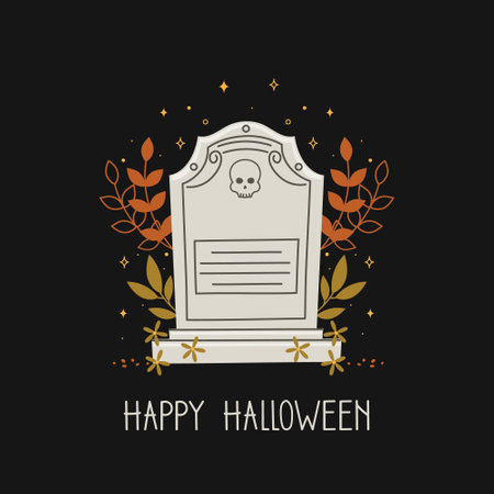 Eternal Blooms. Happy Halloween greeting card with tombstone and floral elements. Vector illustration.のイラスト素材