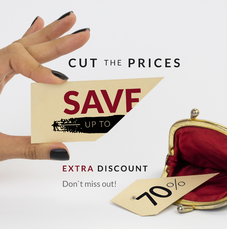 Black Friday banner. Female hand holding a cut price tag with opened vintage wallet below â cut piece below. Isolated on white background.の写真素材