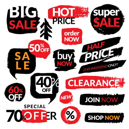 Set of flat modern and hand drawn design sale stickers. Collection of vector illustrations for on line shopping, product promotions, website badges, ads, flyers.のイラスト素材