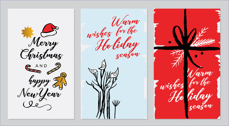 Vector set of hand drawn of greeting cards. Great print for invitations, posters, tags. Merry Christmas.Happy New Year. Happy holidays. Festive banners in flat cartoon style, vintage colorsのイラスト素材