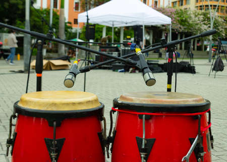 bongo congas ready for stage concertの写真素材