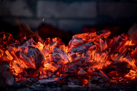 Flame of fire from hot burning coals in the fireplace. Heat from the oven.の写真素材