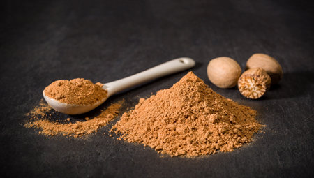 Nutmeg spice powder. Spoon and handful of chopped nutmeg. Nuts. Spices for recipes. Ground spice.の写真素材