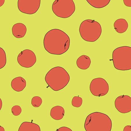 Vector red apples on a green background tossed seamless patternのイラスト素材