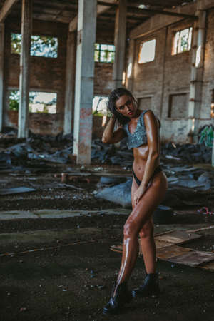 Darkness, horror, fire, construction, dark photography, womens bootsの写真素材