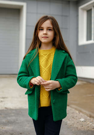 Little kid girl in green coat posing. Childhood lifestyle concept.の写真素材