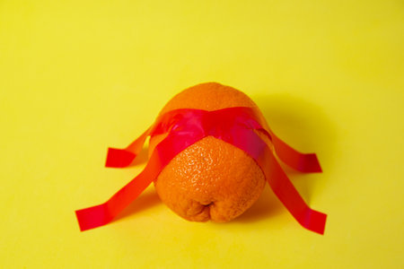 Orange on a yellow background is taped. Minimal color still life and fancy photographyの写真素材