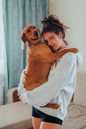 The woman of the house keeps a dog in her arms, the breed English Cocker Spanielの写真素材
