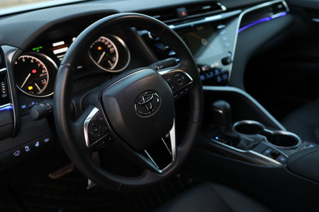 Toyota Camry dashboard, steering wheel speedometer, logoのeditorial素材