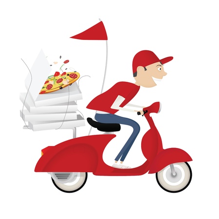 Funny pizza delivery boy riding red motor bikeのイラスト素材