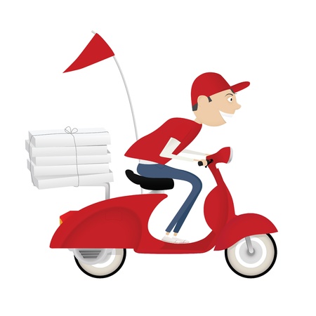 Funny pizza delivery boy riding red motor bikeのイラスト素材