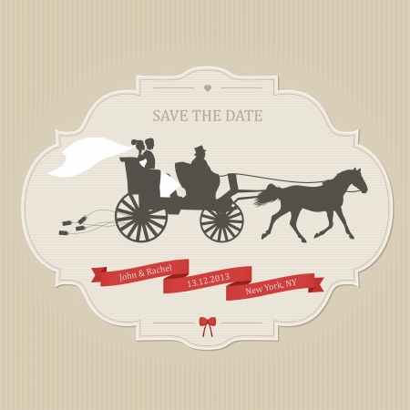 Funny wedding invitation with retro carriage dragging cansのイラスト素材