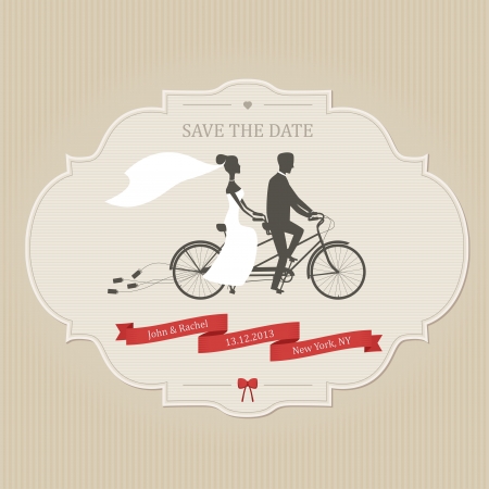 Funny wedding invitation with bride and groom riding tandem bicycleのイラスト素材