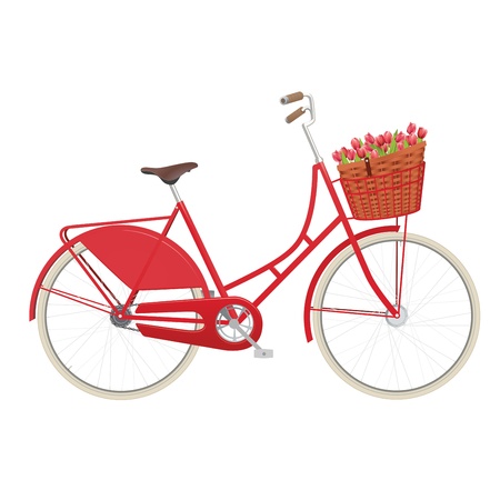 Vintage ladies bicycle with wicker basket filled with tulipsのイラスト素材