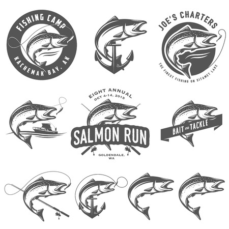 Vintage salmon fishing emblems and design elementsのイラスト素材