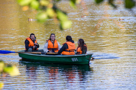 Russia, St. Petersburg-September 21, 2020: Photo of a boat with people swimming on the riverのeditorial素材
