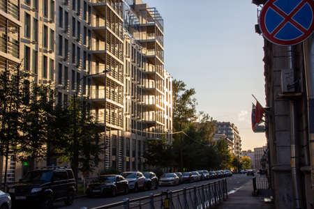 Russia, St. Petersburg-September 21, 2020: urban photo with apartment buildings in the eveningのeditorial素材