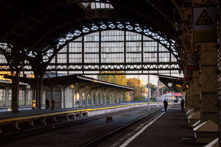Atmospheric Photo of empty train station, in the eveningのeditorial素材