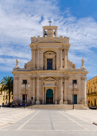 The mother church of St. Joseph located in Rosolini, Sicily, Italy (cloudy day)の写真素材