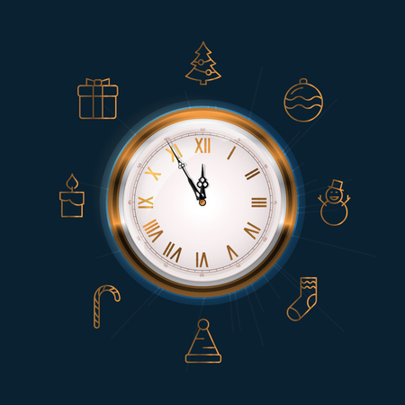 Old Wall Clock Face Showing Five to Twelve. New Year is Coming Soon Concept. Also Contains 8 Gold Line Icons Related to the Themeのイラスト素材