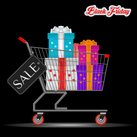 Black Friday Great Discount for Gifts Concept. A Supermarket Trolley with a Big Pile of Colorful Wrapped Gift Boxes in it. Black Discount Tag on the Side of the Cart. Vector Illustration.のイラスト素材