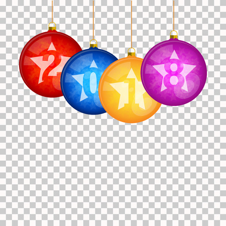 Multicolored Christmas Tree Balls Hanging on a Transparent Background. New Year 2018 Text Design. Vector Illustration.のイラスト素材