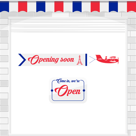 French Cafe, Baguette Shop, Market Store Design Elements. White Shutter Door or Roller Door with Open Sign. Airplane Banner - Opening Soon. Vector Illustration.のイラスト素材