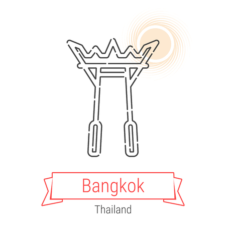 Bangkok, Thailand Vector Line Icon with Red Ribbon Isolated on White. Bangkok Landmark - Emblem - Print - Label - Symbol - Pictogram. World Cities Collection.のイラスト素材