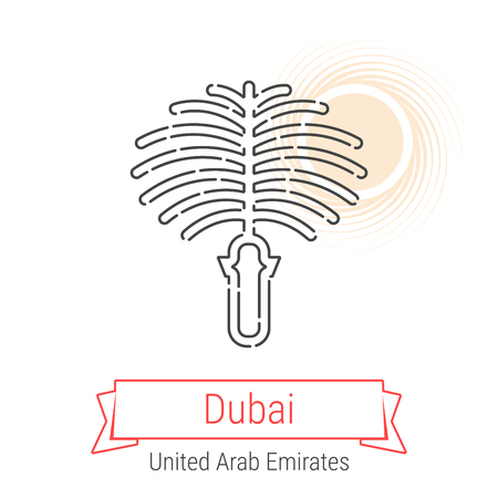 Dubai, United Arab Emirates Vector Line Icon with Red Ribbon Isolated on White. Dubai Landmark - Emblem - Print - Label - Symbol. Palm Islands Pictogram. World Cities Collection.のイラスト素材