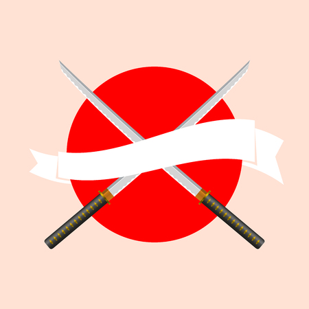Japanese katana swords with white ribbon on the Japanese flag background. Samurai sword emblem vector illustration. Sushi restaurant menu template design elements.のイラスト素材