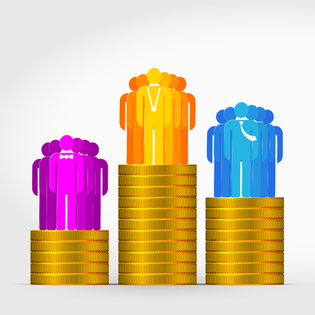 Three Teams of Winners standing at the Gold Coins Winning Podium with Tie, Bow Tie and Medal. Win, Success Concept. Three Colors to Choose From. Vector Illustration. First, Second, Third Place.のイラスト素材