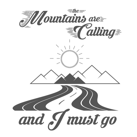The Mountains are Calling - Alpine Adventure Club Vector Emblem - Icon - Print - Badge Template in Vintage Black and White Style. Concept for Shirt or Label, Stamp or Tee.のイラスト素材