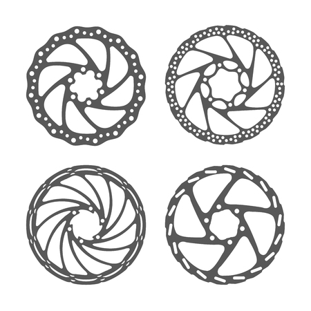 Bicycle disc brake set. Bike disc brake rotors of different shapes. Realistic vector illustration. Bike spare parts series.のイラスト素材