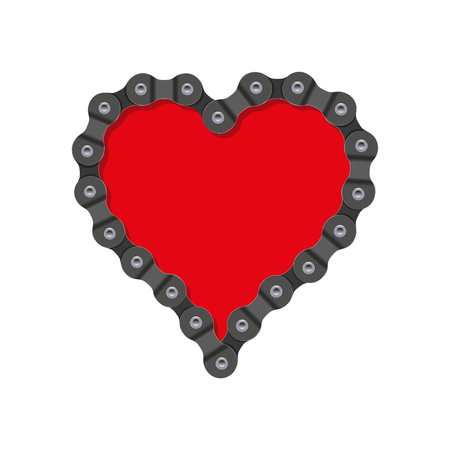 Vector Heart Made of Bike or Bicycle Chain. Realistic Detailed Bike Chain. Red Heart Background.のイラスト素材