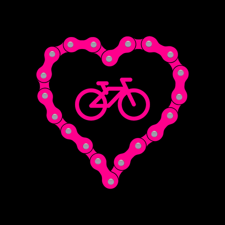Vector Heart Made of Bike or Bicycle Chain. Flat Monochrome Bike Chain. Pink Heart Background plus Bicycle Sample Icon.のイラスト素材