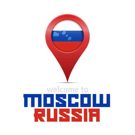 Welcome to Moscow, Russia. Location - Russia. Big Red Map Marker with Russian Flag Isolated on White.のイラスト素材