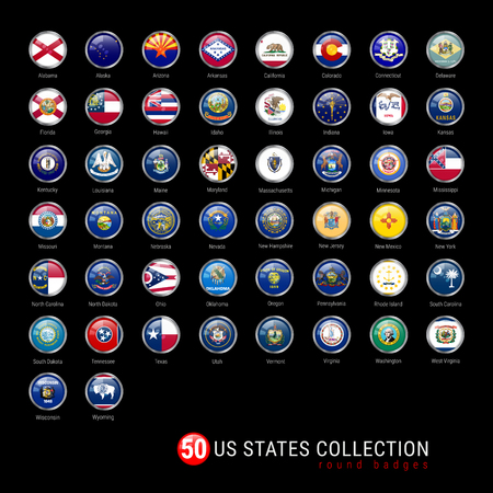 US States Flags Round Badges. All 50 Flags of the US States in a Single Vector File. Realistic 3D Glossy Buttons with Metal Frames on a Black Background.のイラスト素材