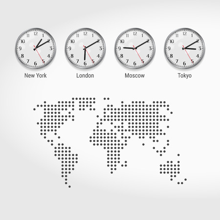 World Time Zones Clocks. Current Time in Famous Cities. Stock Exchange Clocks. New York, London, Moscow and Tokyo. Local Time Around the World. Dotted Map of the World. Vector Illustrationのイラスト素材