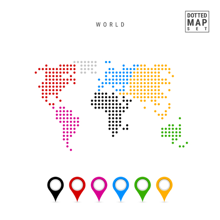 Dots Pattern Map of the World. Stylized Simple Silhouette of the World. Continents are Highlighted in Different Colors. Multicolored Map Markers. Vector Illustration Isolated on White Background.のイラスト素材