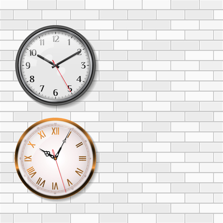 Antique Wall Clock, Gold Wall Clock with Roman Numerals and Round Quartz Analog Wall Clock, Minimalistic Modern Office Clock with Arabic Numerals on White Brick Wall. Realistic Vector Illustration.のイラスト素材