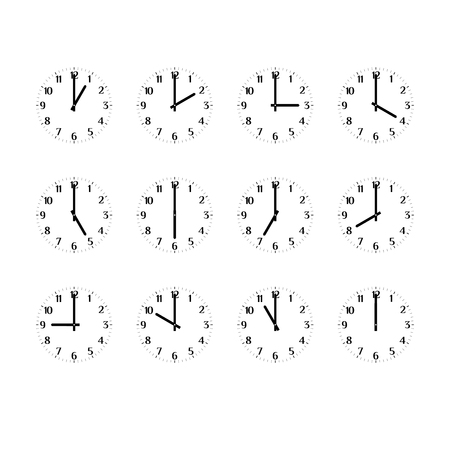 Clock Icon Set Showing the Times of Day. Clock Face, Hour and Minute Hands. Arabic Numerals. From One o'clock till Twelve. Black and White Vector Illustrationのイラスト素材